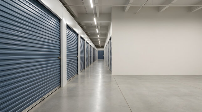 Empty hallway of a modern self storage facility with rows of closed metal roller shutter doors
