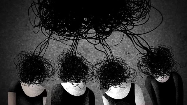 group of people with tangled thought threads for heads connected to a vast web representing the collective unconscious