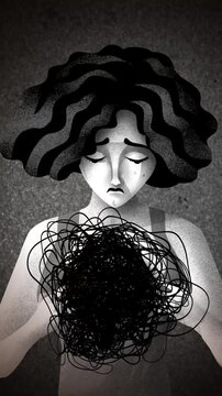 sad woman opening her chest to reveal a dark tangled mass representing existential emptiness