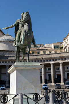 Napoli, Italy - September 27th 2026  Equestrian statue of Charles III of Bourbon in front of San Francesco di Paola Basilica in Naples