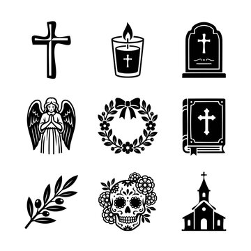 Funeral and memorial service graphic set featuring religious symbols and mourning elements