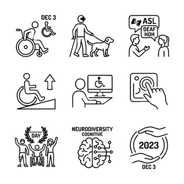 Disability awareness accessibility support and inclusivity graphic symbol set