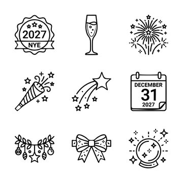 New year celebration line icons set with calendar date and festive party elements graphic