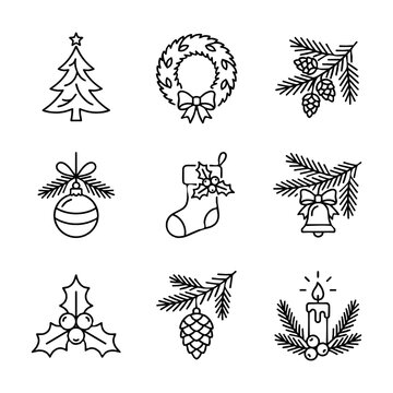 Set of holiday winter celebration icons and symbols outline design graphic