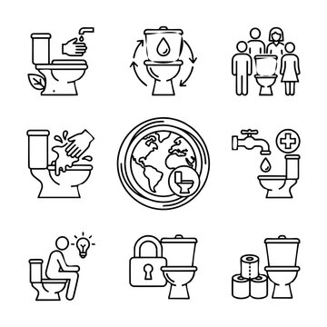 Restroom hygiene and sanitation concepts line art icons set for modern web design