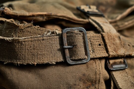 Close-up of a weathered canvas bag featuring a rustic metal buckle and frayed straps