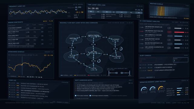 Cinematic control room video wall displaying regional power flow constraints, contingency alerts, and real-time data updates in a sleek dark environment.