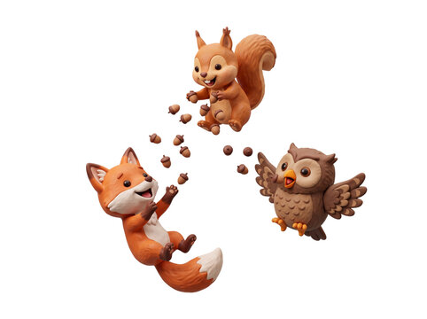 Joyful Claymation Forest Animals Catching Acorns Together