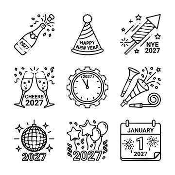 Set of linear celebration icons featuring twenty twenty seven holiday design elements