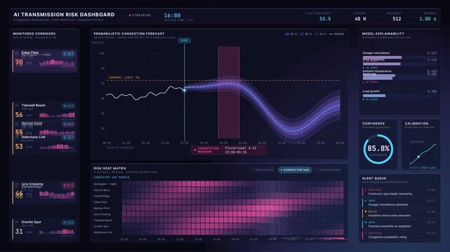 A visually engaging AI transmission risk dashboard illustrates congestion fault predictions and equipment stress analysis with dynamic color gradients and animated data visualizations.