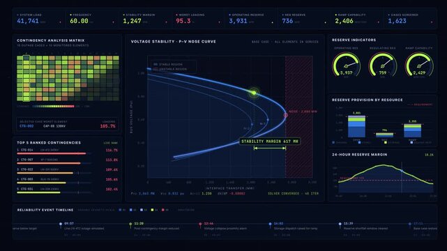 The grid reliability dashboard features a detailed PV curve with stability margins, contingency analysis matrix, and reserve indicators on a deep blue-black background.
