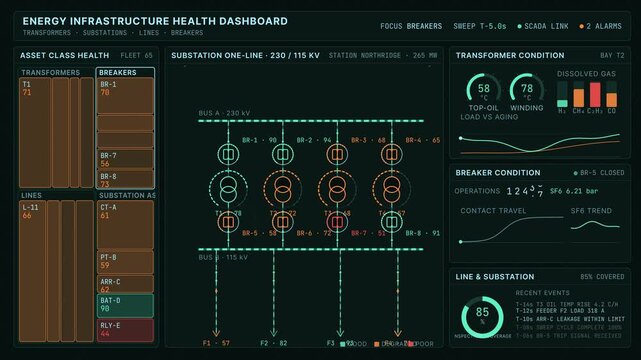 Monitor the health of energy infrastructure with an interactive dashboard showcasing transformers, substations, lines, and breakers in a detailed SVG layout.