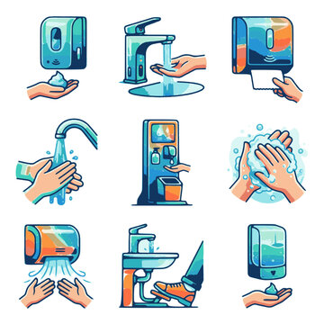 Hygiene safety hand washing and sanitizing symbols graphic set