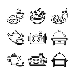 Breakfast icons vector set featuring coffee cup, croissant, fresh fruit bowl, toast, jam jar, teapot, serving tray, and catering chafing dish outlines drawn in minimalist linear style on transparent b © Gusti