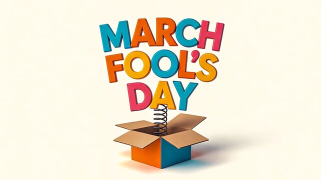 Colorful march fools day lettering popping out of a surprise gift box on a light background