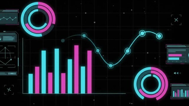 Animated fintech dashboard overlay with glowing neon circular charts