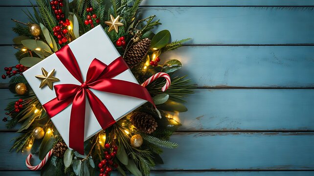 Wrapped christmas present with red bow and evergreen wreath on rustic wooden background
