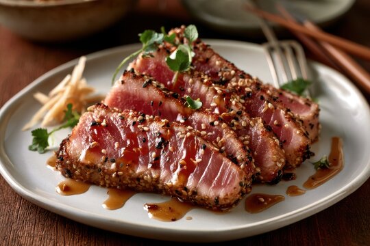 Seared ahi tuna slices covered in sesame seeds and drizzled with a rich soy glaze