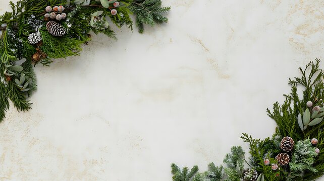 Evergreen foliage and pine cones framing a natural cream stone background