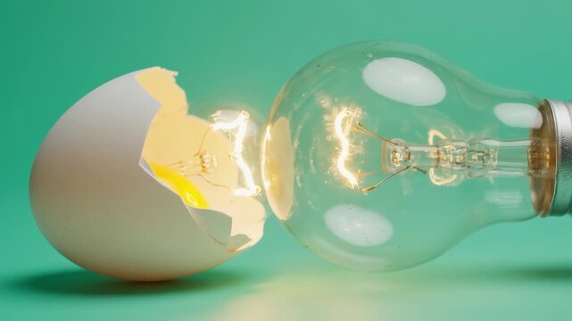 Glowing light bulb inside a cracked white eggshell on a green background features a surreal juxtaposition of a fragile organic shell and a bright electric filament in a creative studio composition.
