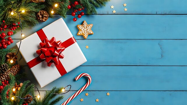 Christmas present with red ribbon and festive ornaments on blue wooden background