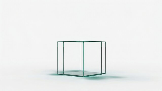 Open cube frame constructed from thin glass edges on white background