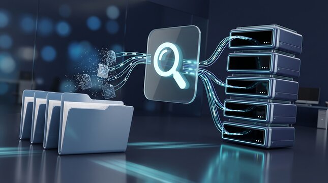 File search operation within digital database represented by magnifying glass icon pulling information from folder system into centralized server rack for efficient retrieval 3d render