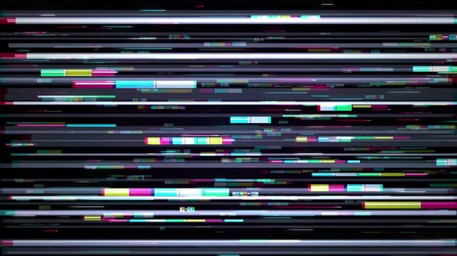 A digital glitch effect creates a chaotic abstract pattern of colorful static and distorted lines, representing data corruption or transmission errors.