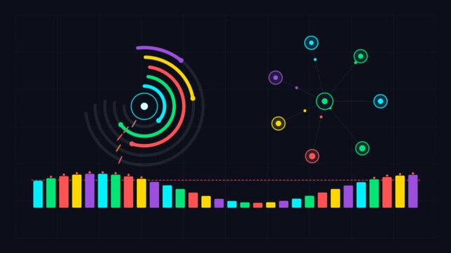 Data analysis dashboard with circular indicators and volume bars digital interface displaying dynamic with progress and colorful frequency dashboard interface data visualization digital monitor