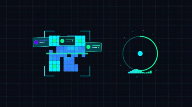 Data processing interface showing digital grid block progress a digital computer blocks being filled and a circular task completion indicator user interface dashboard loading bar task