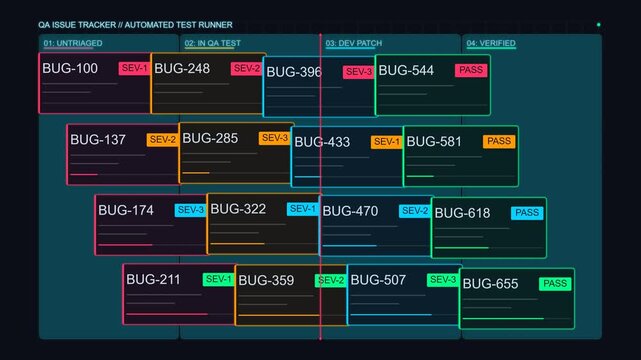 Software development dashboard displaying automated bug issue tracker with status and severity levels digital interface showing a testing workflow with categorized reports ranging from untriaged