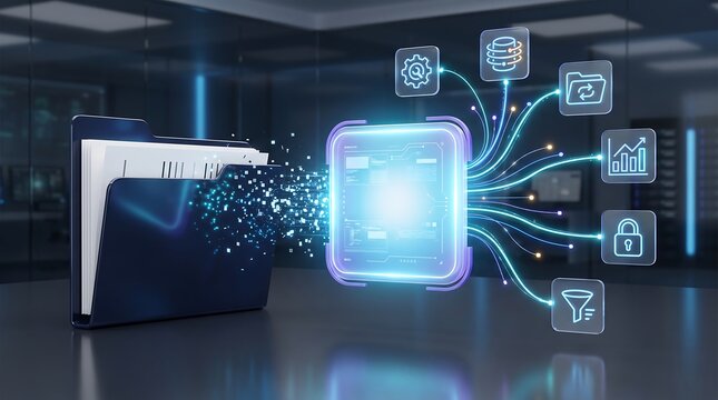 Digital file processing and data optimization workflow visualized with folder icons and glowing interface elements connected to server rack in dark server room environment 3d render