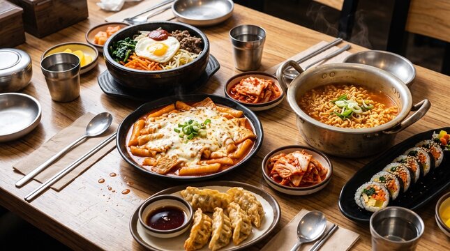 Korean Food Feast with Tteokbokki, Kimbap, Bibimbap and Fried Dumplings
