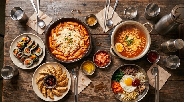 Korean Food Feast with Tteokbokki, Ramyeon, Kimbap, Dumplings and Bibimbap on Wooden Table
