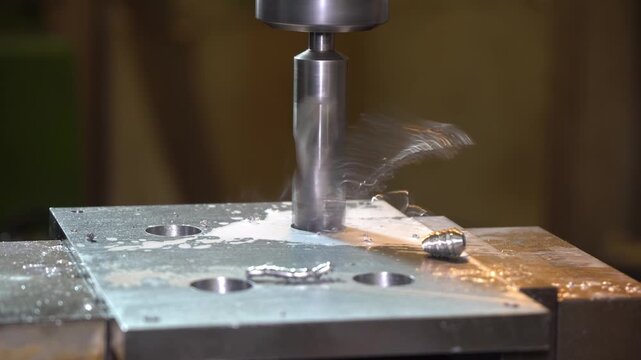 Video footage of a shop floor process with a milling machine drilling holes in metal plate parts