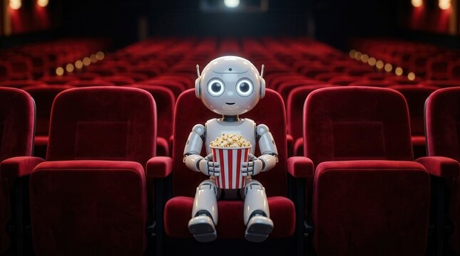 A charming white robot sitting in a movie theater holding a bucket of popcorn.