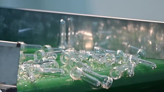 Slow motion video of PET preform shapes transferring from an injection machine on a green conveyor belt
