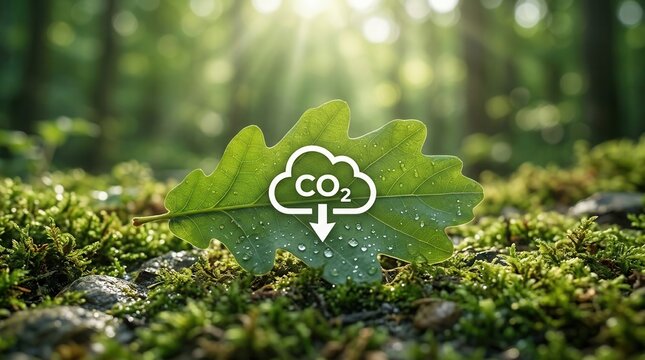 Eco friendly CO2 reduction concept featuring a green leaf in a lush forest background.