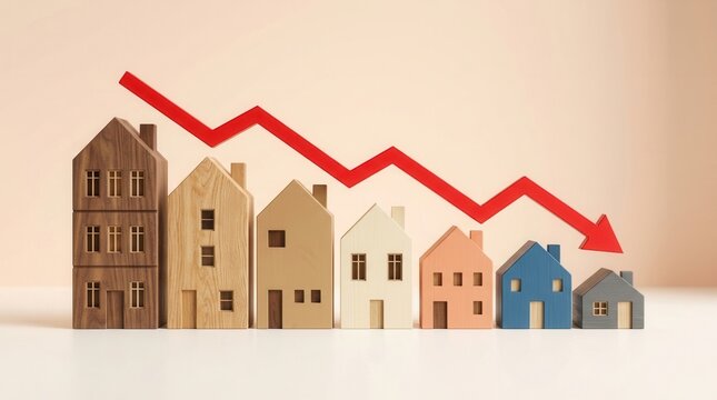 Miniature houses arranged in descending order with a red downward arrow indicating real estate market decline.