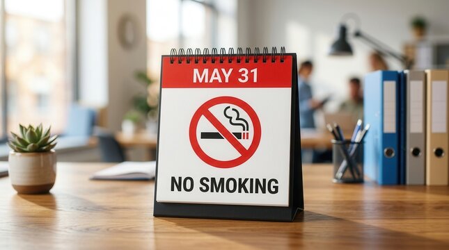 No smoking sign displayed on a desk calendar for May A desk calendar showing a no smoking symbol on May Desktop calendar featuring a no smoking sign and date of May Close up of a no smoking sign on a