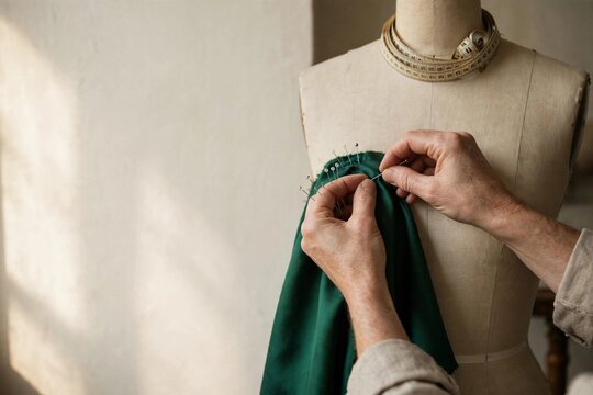 Hands pinning emerald silk on a dress form in a sunlit atelier