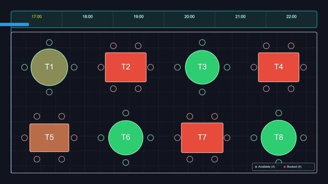 Table reservation management dashboard for restaurant operations monitoring digital floor plan view showing availability status and booking in a graphical interface