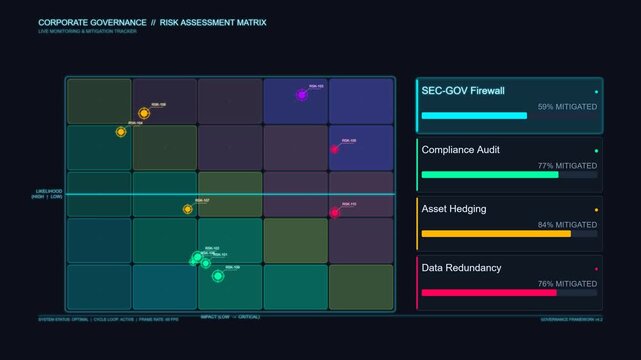 Corporate governance risk assessment matrix with mitigation tracker strategic dashboard showing likelihood and impact analysis alongside progress for security and compliance