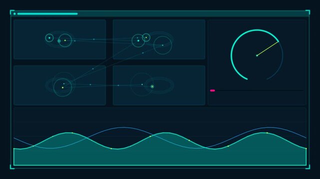 Futuristic control panel interface with circular radar and wave frequency monitors sophisticated technology dashboard showing multi window analytical displays with scanning elements and smooth