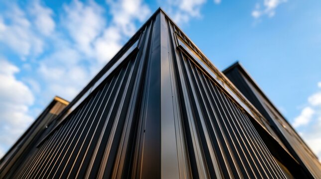 Modern industrial warehouse exterior featuring black aluminum corrugated metal wall cladding.