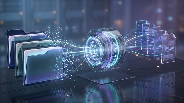 Data migration process showing blue file folders streaming information into a central glowing orb for processing and digital transformation into analytical documents and reports
