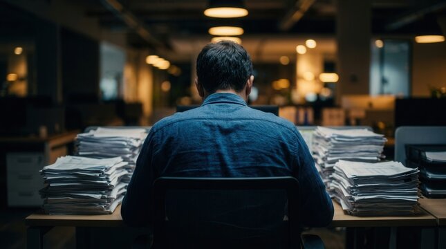 Overwhelmed new employee facing business setbacks and heavy reports in an office.
