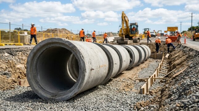 Concrete culvert sections stacked beside a road construction trench for drainage installation.