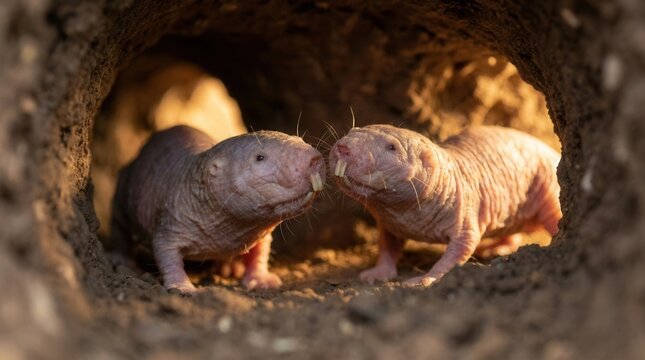 Two naked mole rats in their natural underground burrow showing wrinkled skin.