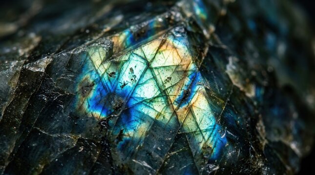 Macro view of iridescent labradorite crystal with blue, green, and gold reflections.